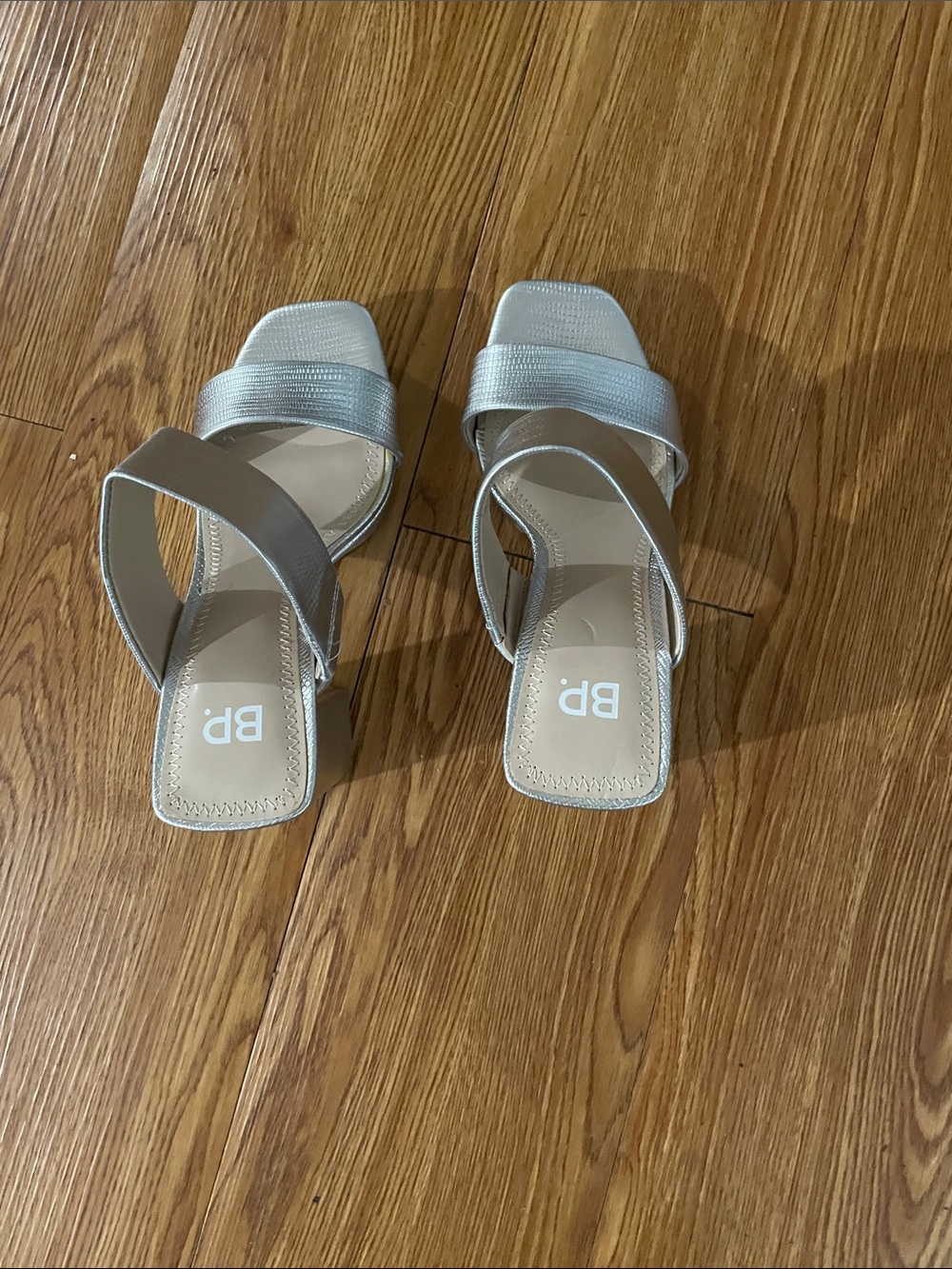 bp Metallic Silver Square-Toe Heeled Sandals